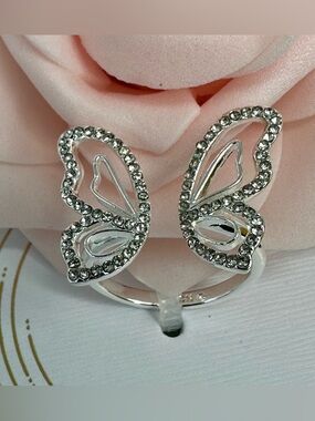 Crystal Open Butterfly Ring – Silver Plated Adjustable Cocktail Statement Ring